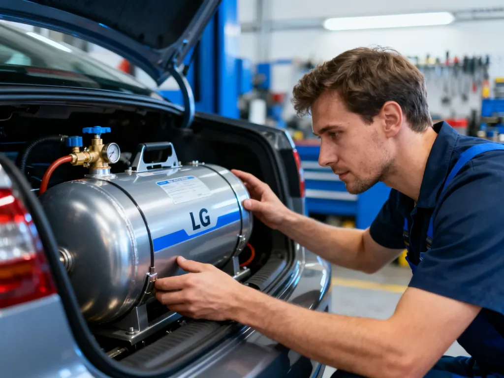 Mechanik w profesjonalnym warsztacie dokonuje przeglądu instalacji gazowej LPG w bagażniku samochodu.