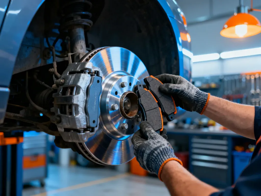 Mechanik montuje nową tarczę i klocki hamulcowe na piaście koła w profesjonalnym warsztacie samochodowym.