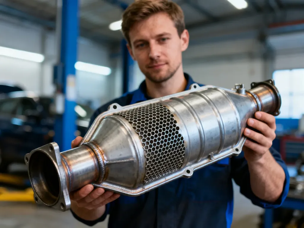 Mechanik trzymający w dłoniach katalizator samochodowy, ukazujący strukturę plastra miodu wewnątrz urządzenia.