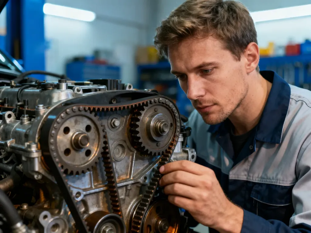 Mechanik podczas precyzyjnej kontroli paska rozrządu w silniku samochodowym.
